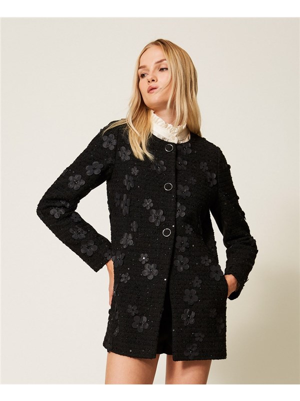 TWINSET Cappotto Boucle' fiori nero